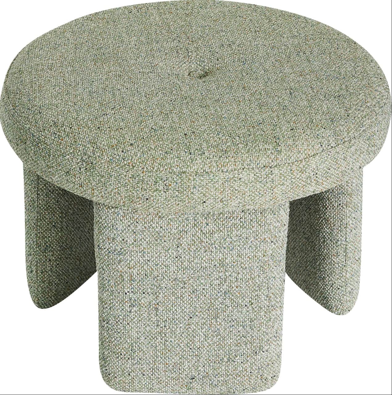 A contemporary round upholstered stool or ottoman featuring a textured light green mélange fabric. T… — 3D model