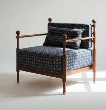 A contemporary armchair featuring an exposed dark wood frame with distinctive turned vertical posts… — 3D model