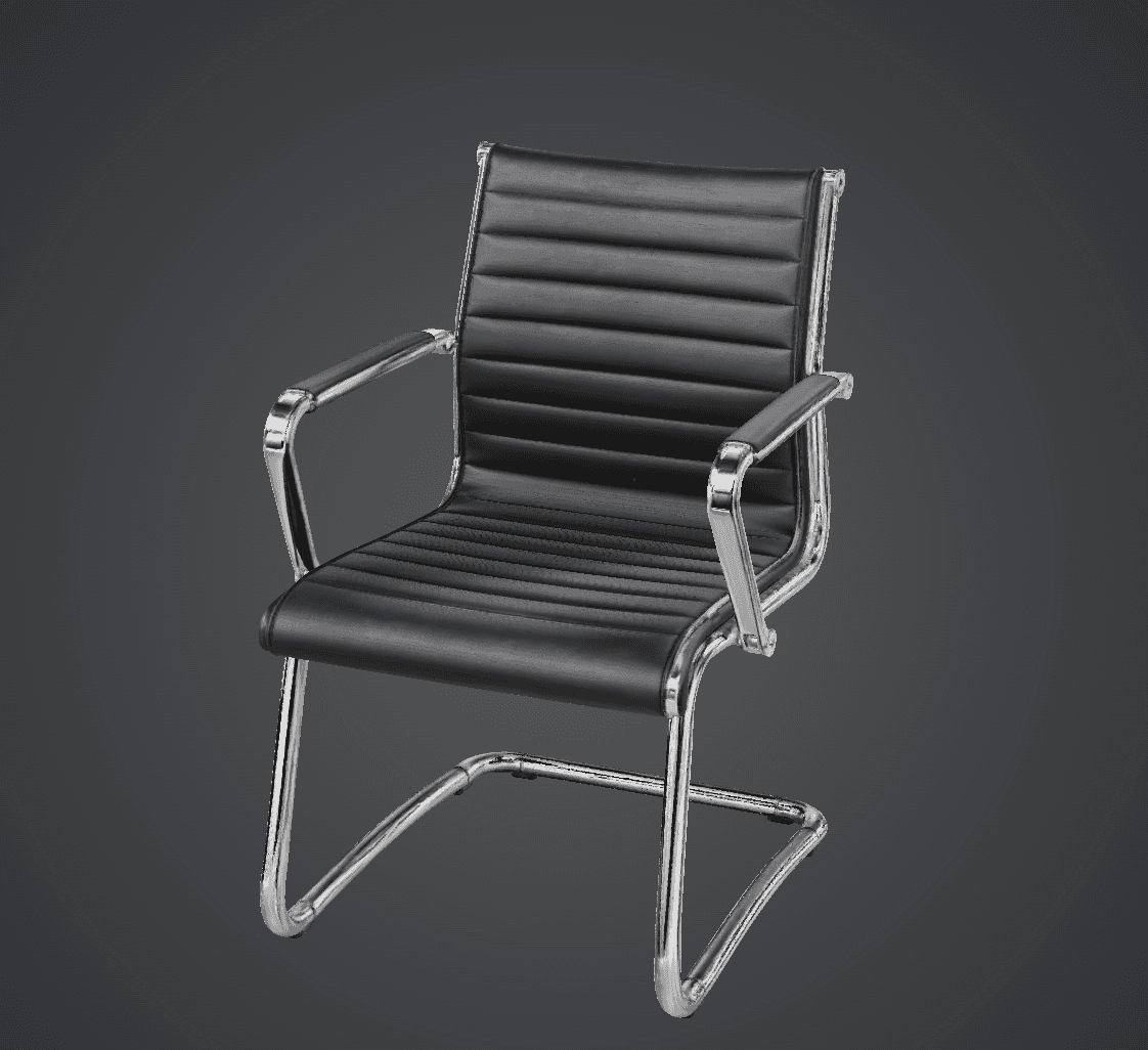 A modern armchair featuring black ribbed faux leather upholstery on both the seat and backrest, supp… — 3D model