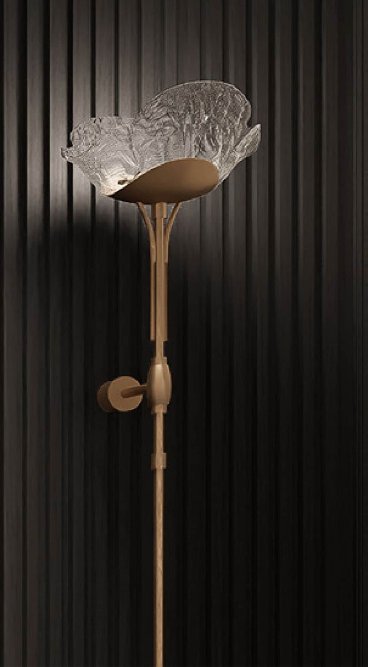 A tall, slender floor lamp featuring a metallic bronze or gold-finished base and stem, topped with a… — 3D model