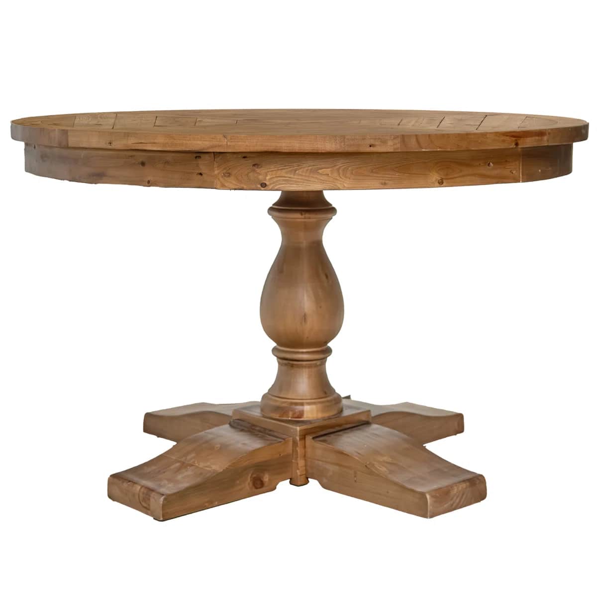 A round wooden dining table with a pedestal base. The tabletop is constructed from planks with visib… — 3D model