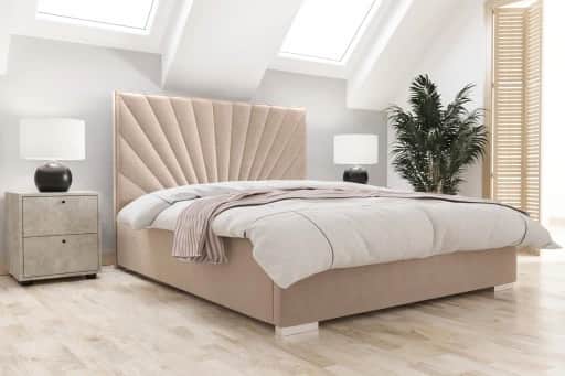 A modern upholstered bed frame with a rectangular base and a headboard featuring a fan-like pleated… — 3D model