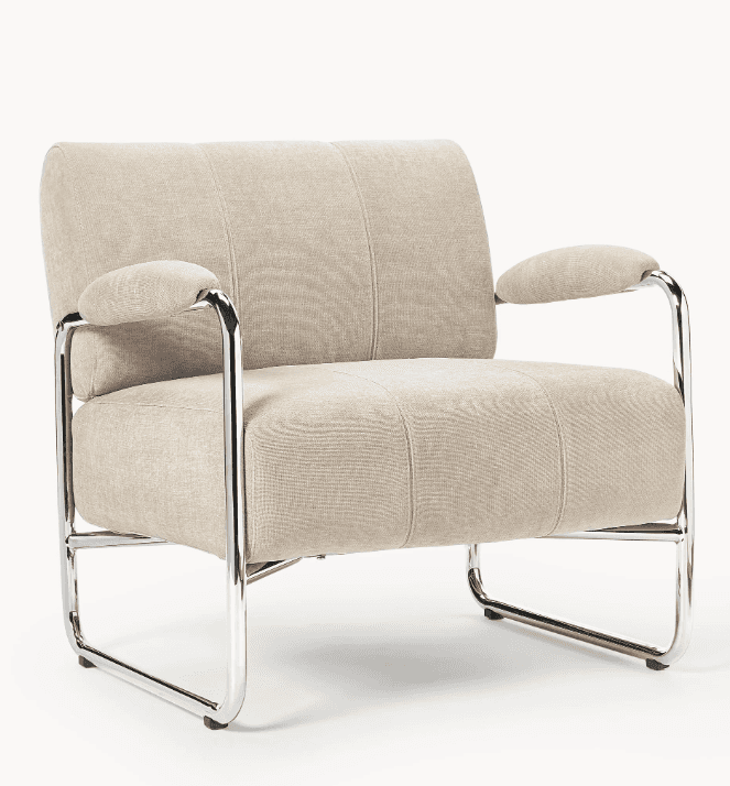 A contemporary armchair with a tubular chrome-plated steel frame and upholstered seat, back, and arm… — 3D model