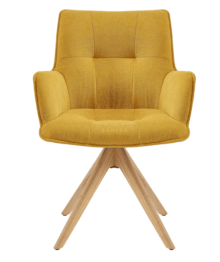 A contemporary upholstered armchair in a vibrant mustard yellow fabric, featuring a square-tufted ba… — 3D model