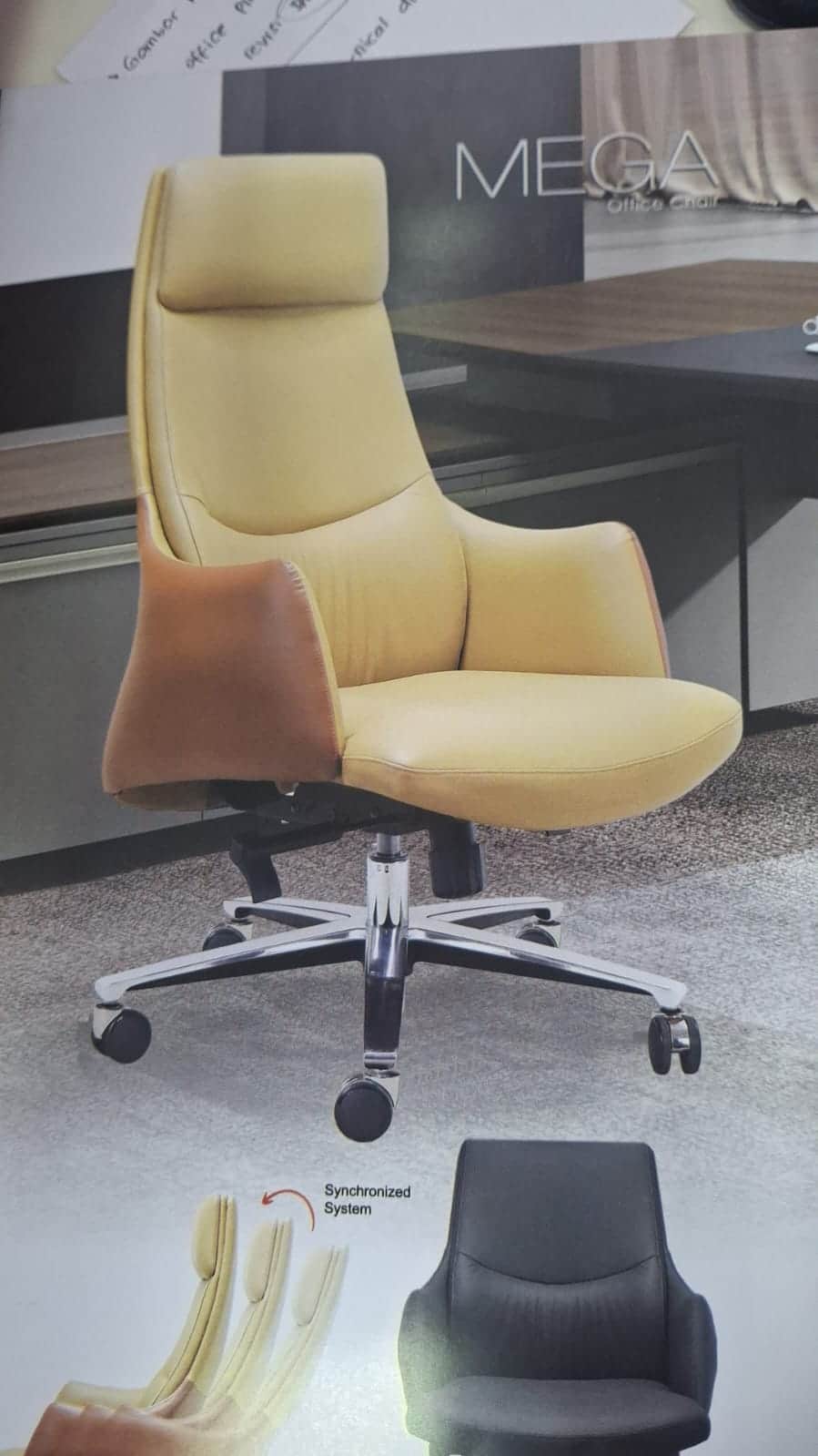 A modern executive office chair featuring a high back, upholstered in two-tone beige and brown leath… — 3D model