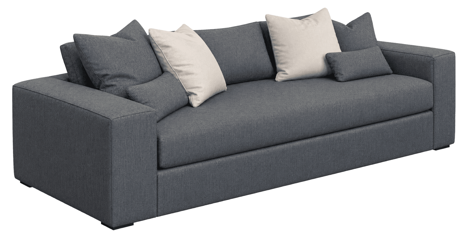 This is a contemporary, deep-seated sofa upholstered in a dark gray textured fabric. It features cle… — 3D model
