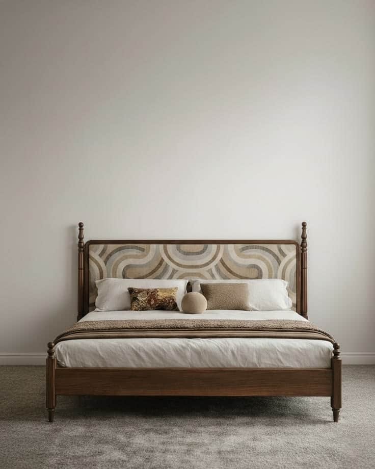 A modern wooden bed frame featuring an upholstered headboard with a distinctive curvilinear pattern… — 3D model