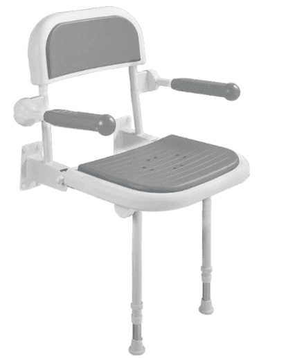 A wall-mounted foldable shower chair featuring a white frame with gray padded seat, backrest, and ar… — free GLTF 3D model