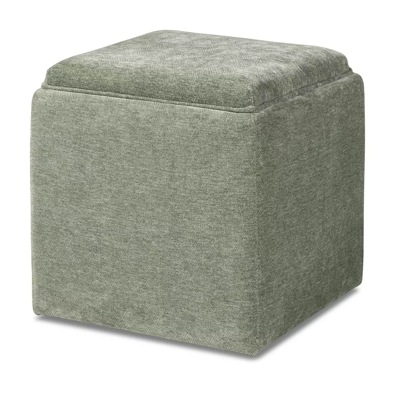A square, cube-shaped ottoman fully upholstered in a textured sage green fabric, featuring a removab… — 3D model