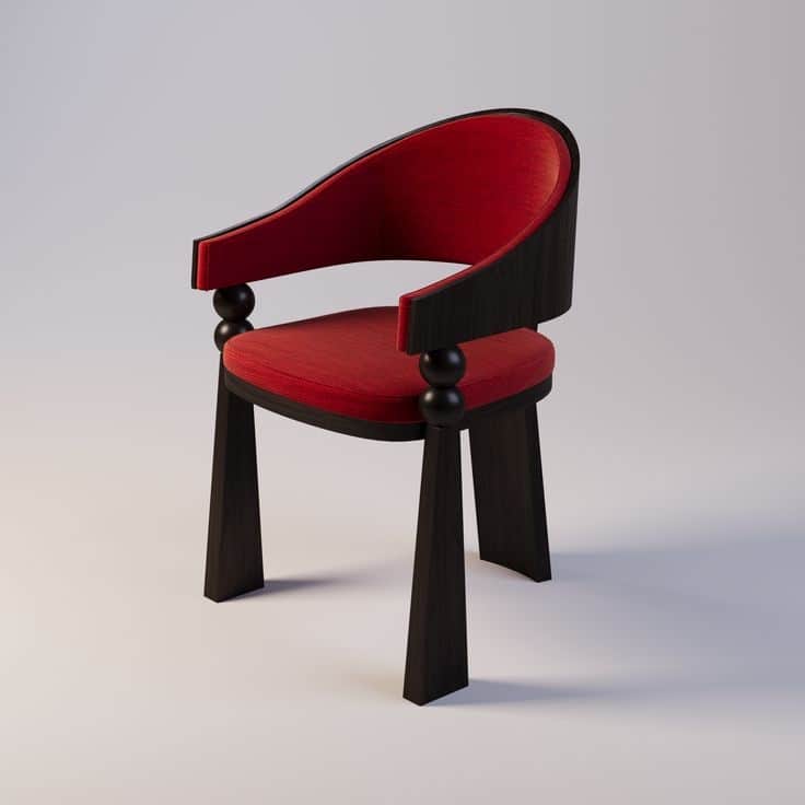 An armchair with a distinctive Art Deco or Postmodern aesthetic, featuring a dark stained wooden fra… — 3D model