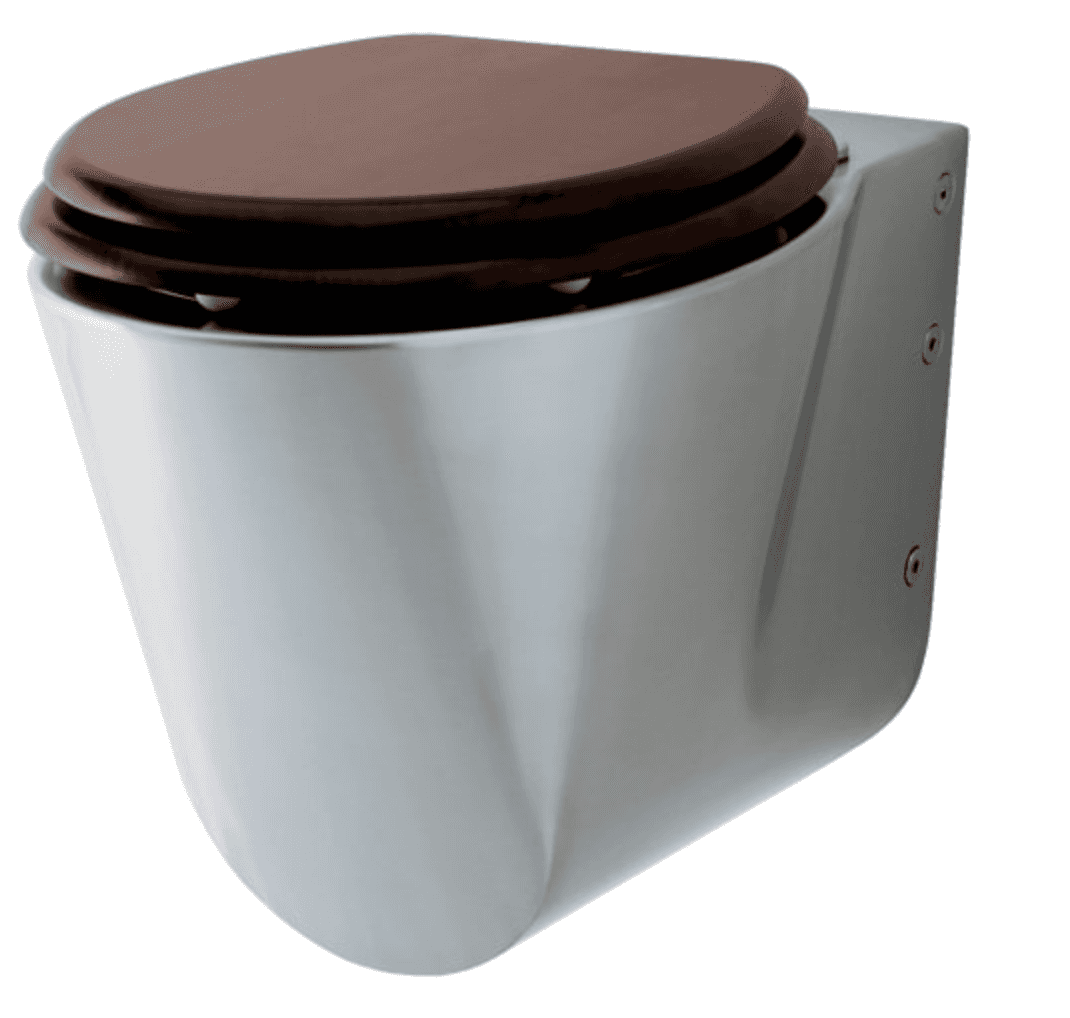 A modern wall-mounted toilet featuring a sleek, glossy ceramic bowl with a reflective, silver-like f… — 3D model