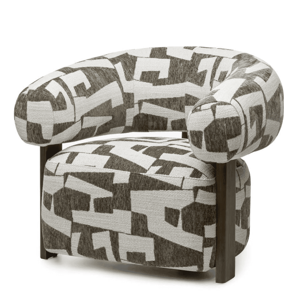 An upholstered barrel-back accent chair featuring a continuous rounded back and arms. The chair is c… — 3D model