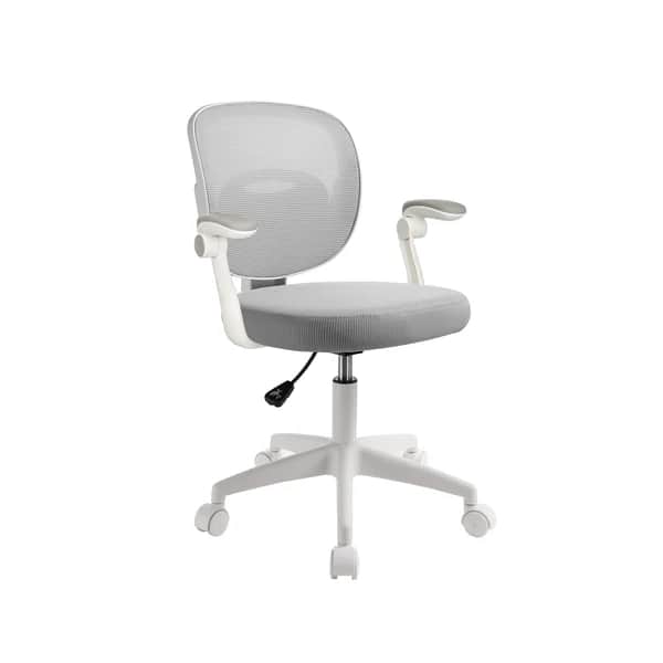 A modern task chair featuring a grey mesh backrest and a grey upholstered seat. It has white plastic… — 3D model