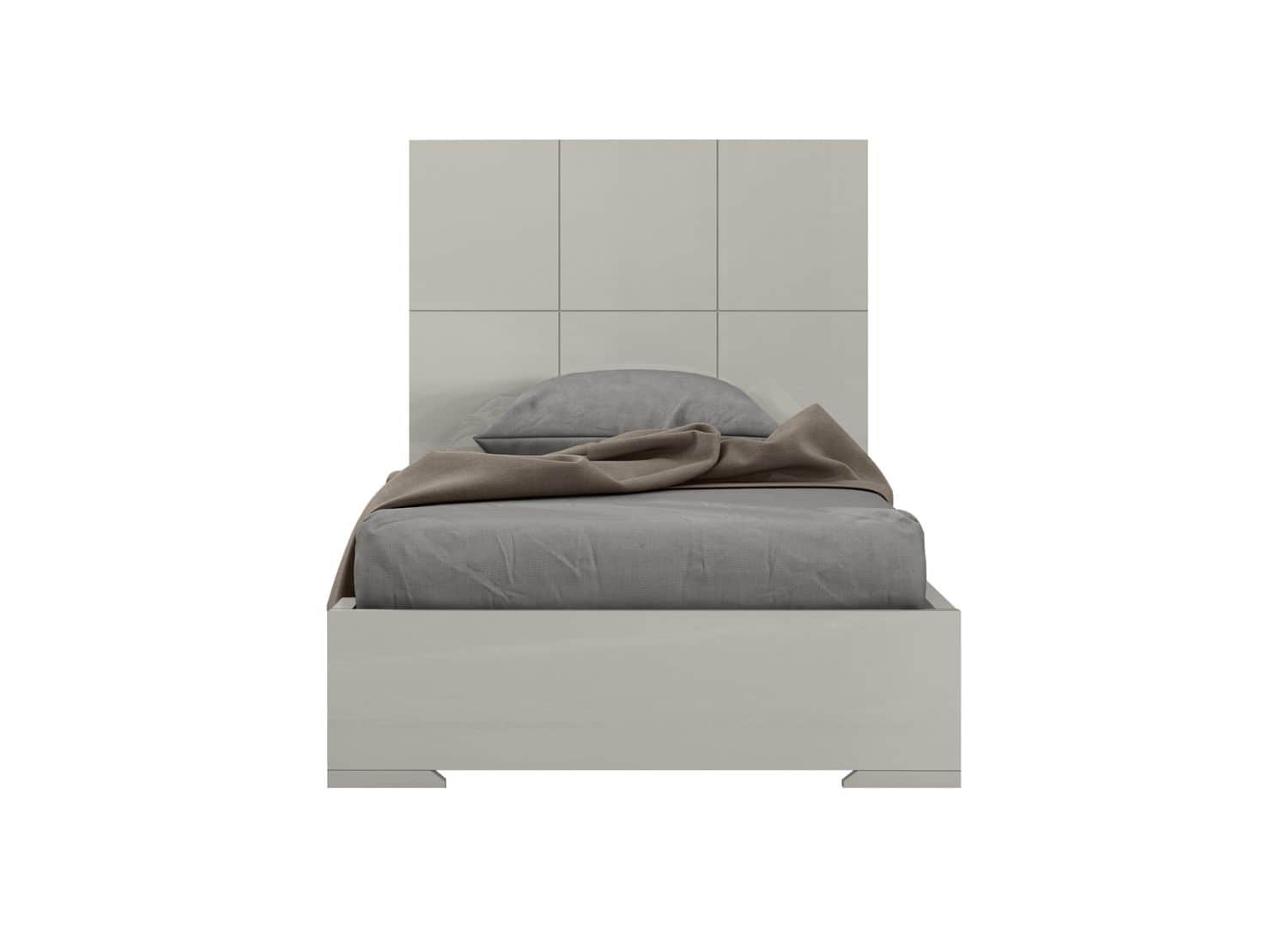 A contemporary single bed featuring a distinctive paneled headboard and a minimalist frame, all in a… — 3D model