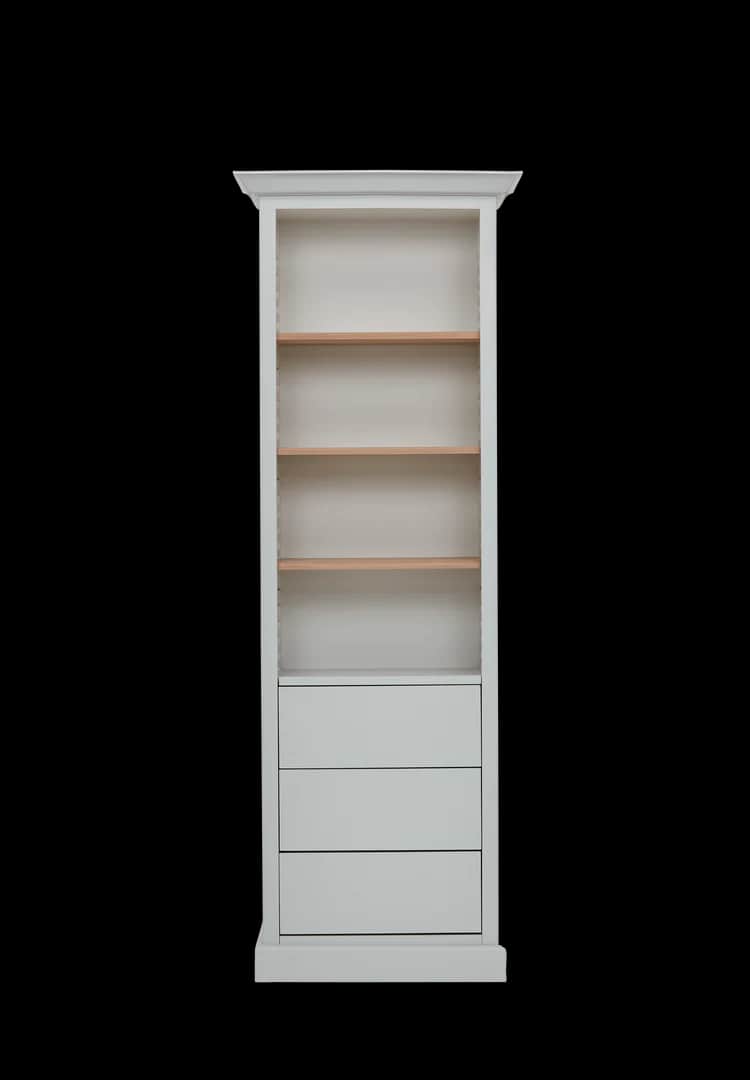 A tall, narrow, white bookcase with a decorative top molding. It features four open shelves with nat… — 3D model