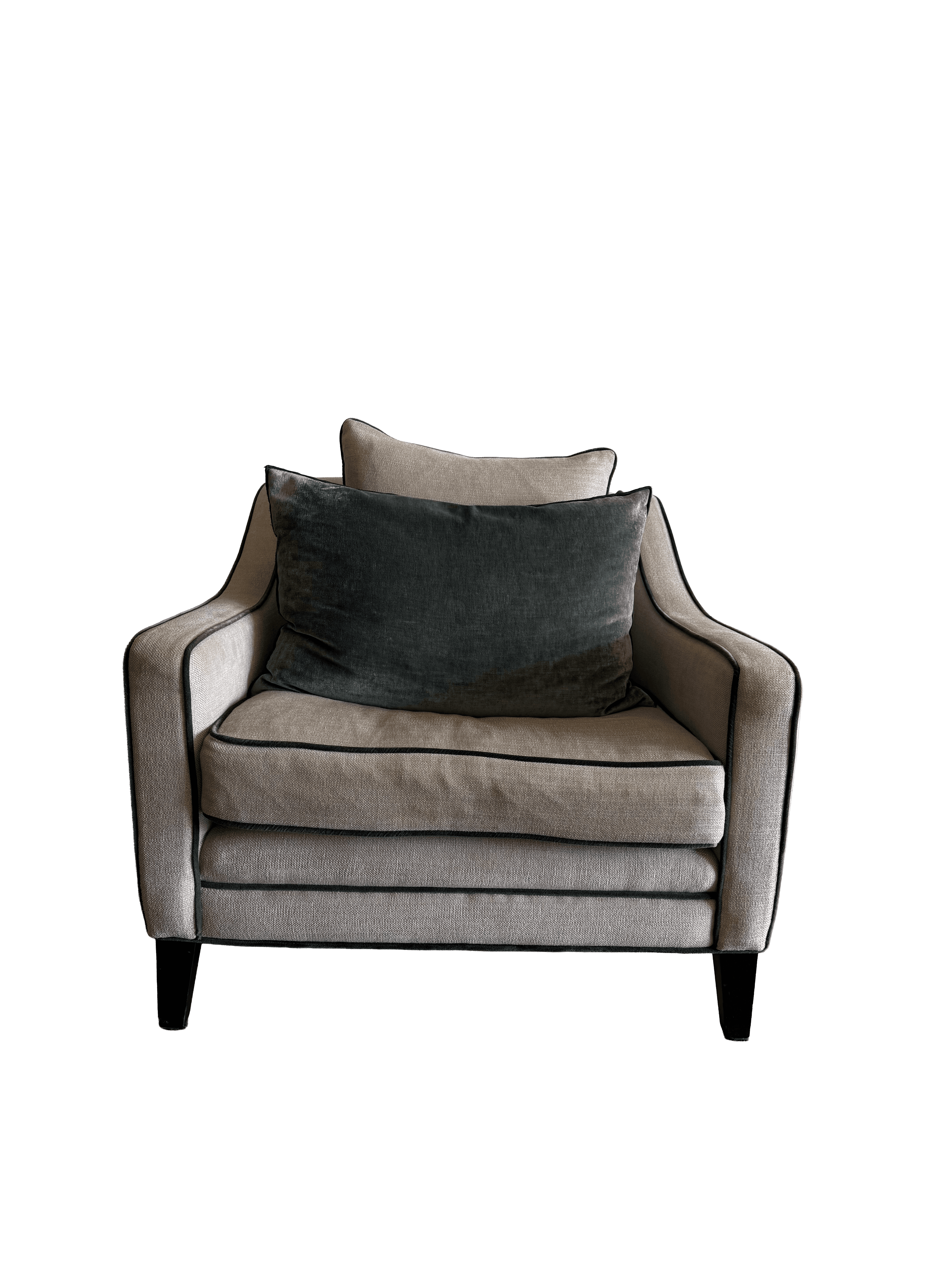 A contemporary upholstered armchair featuring a light, textured fabric and dark contrasting piping.… — free OBJ 3D model