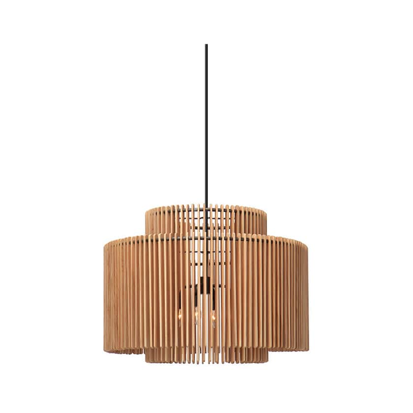 A contemporary tiered pendant light featuring two concentric cylindrical shades made from numerous v… — 3D model