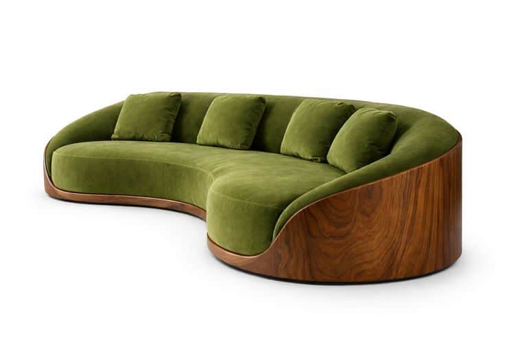A modern, crescent-shaped sectional sofa featuring olive green velvet upholstery and a prominent, sc… — 3D model