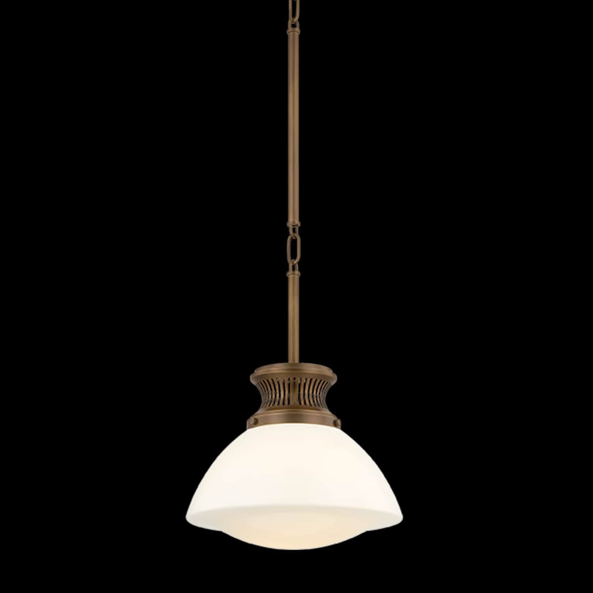 A traditional style mini pendant light featuring an antique brass finish and a white opal glass shad… — 3D model
