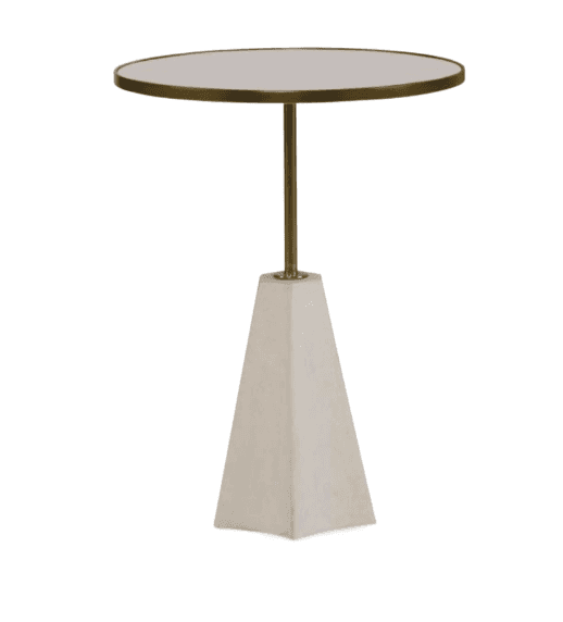 A modern accent table featuring a round, light-colored tabletop with a brass rim, supported by a sle… — 3D model