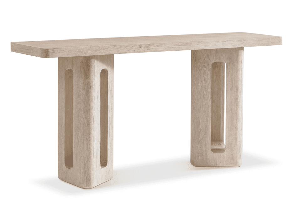 A modern, sculptural console table featuring a rectangular tabletop supported by two thick, solid pe… — 3D model