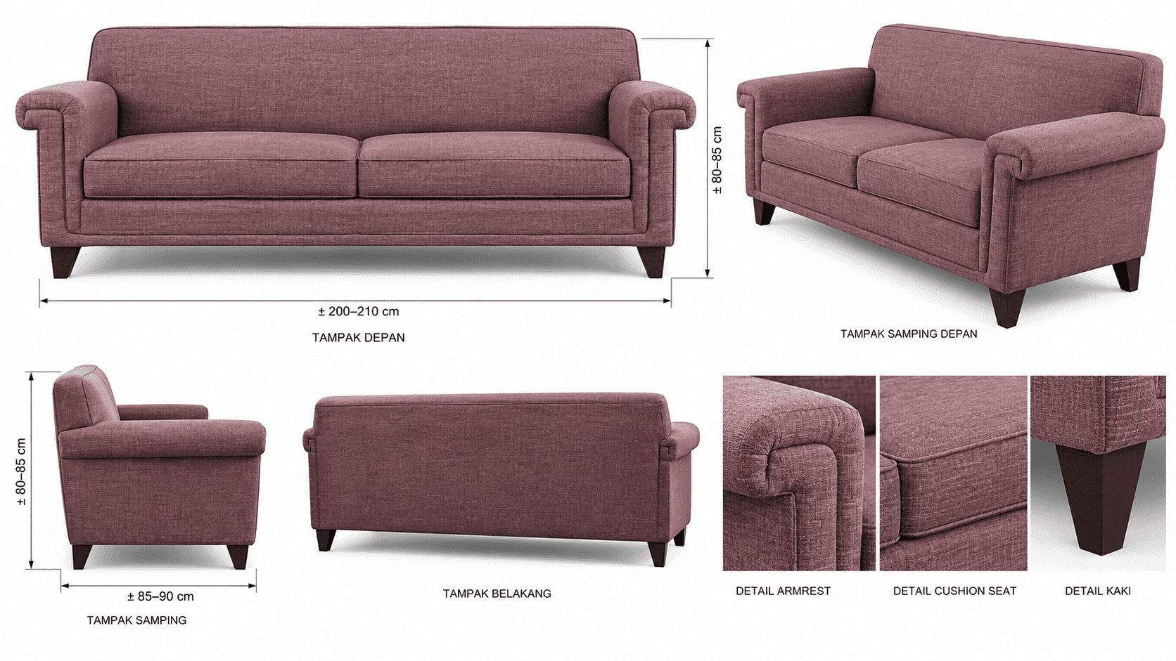 A two-seater sofa featuring a dusty rose-colored woven fabric upholstery. It has classic rolled arms… — free GLTF 3D model