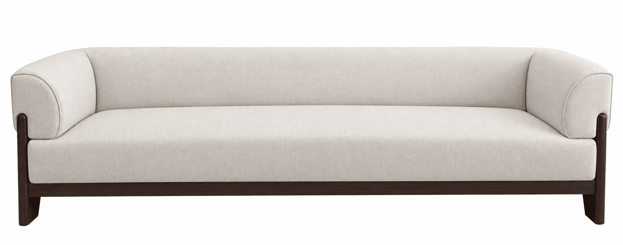 A modern sofa featuring light-colored, textured fabric upholstery and a prominent dark wood frame. T… — 3D model