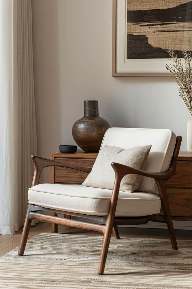 A stylish mid-century modern armchair featuring an exposed dark wood frame and plush, off-white upho… — free OBJ 3D model