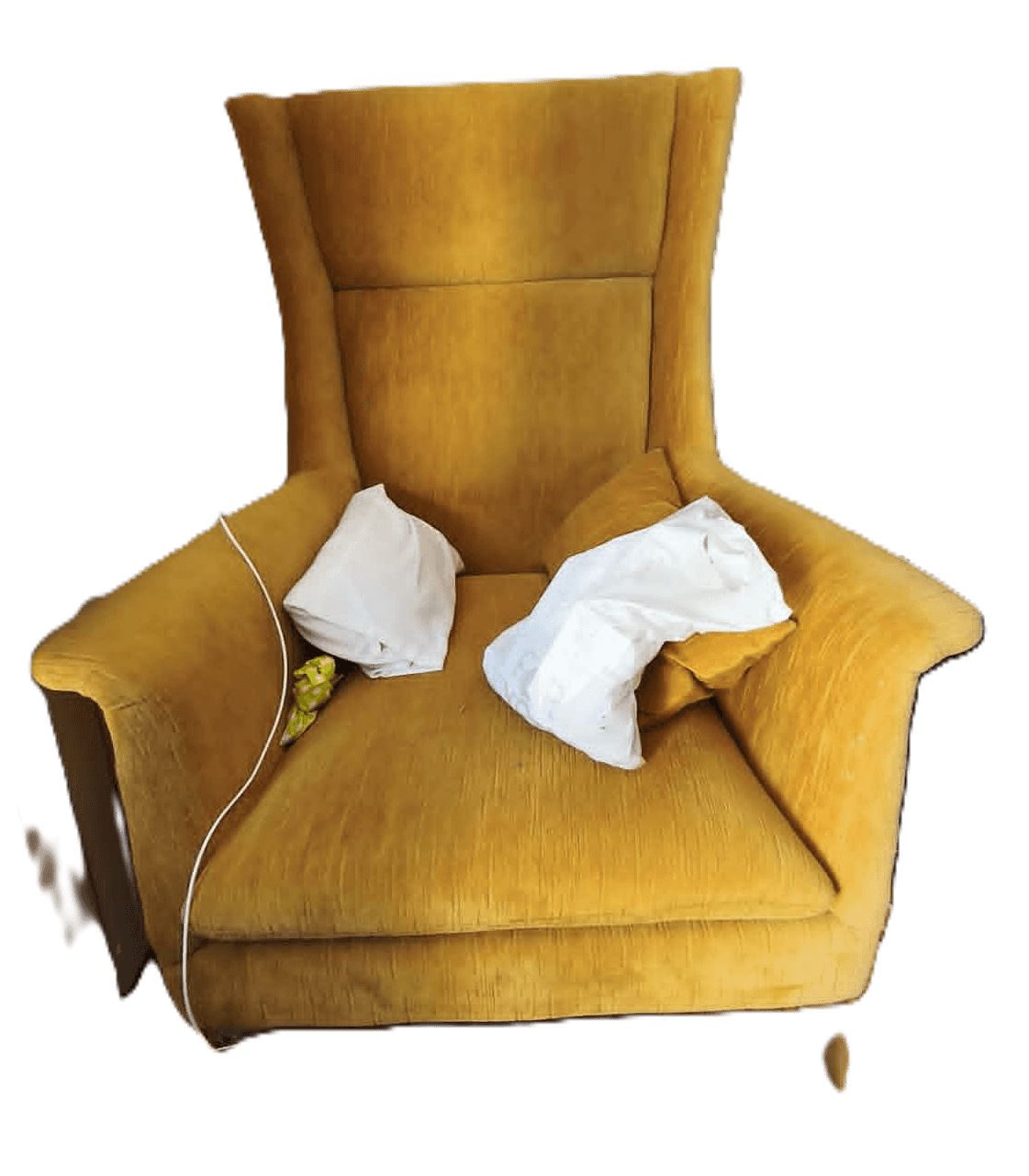 A high-backed armchair upholstered in a textured golden-yellow fabric. The armchair features a wingb… — 3D model