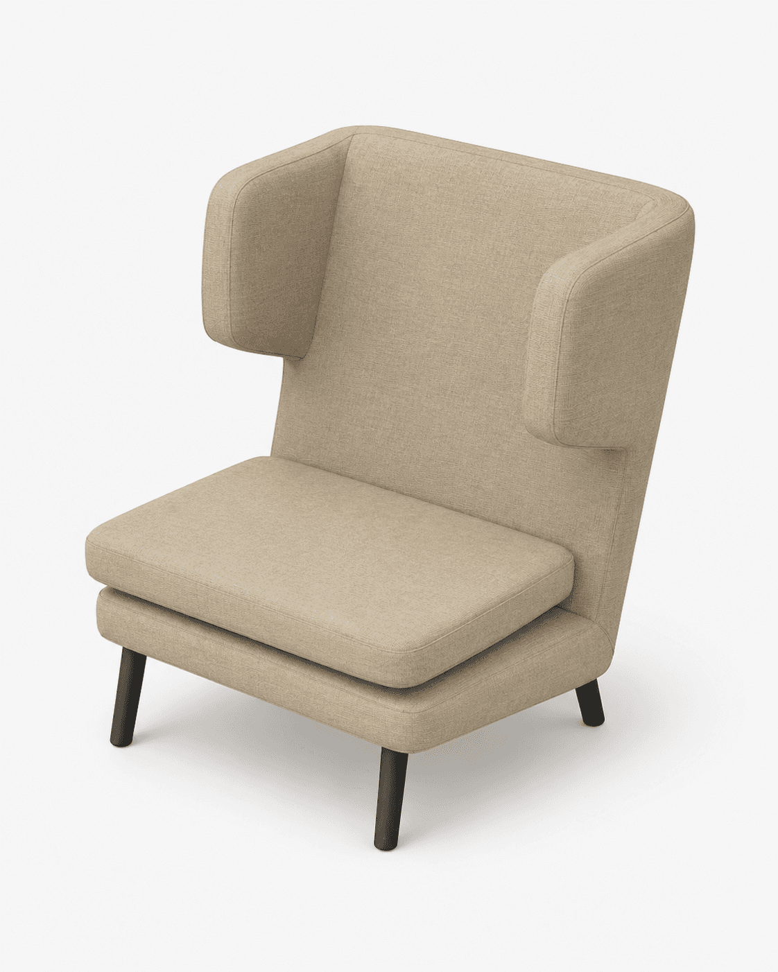 A contemporary high-back lounge chair, upholstered in a neutral beige fabric. It features a deep sea… — 3D model