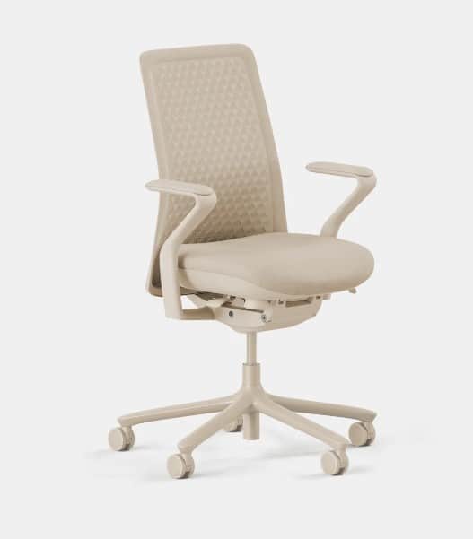 A modern, ergonomic office chair with a light beige mesh backrest featuring a subtle diamond pattern… — 3D model