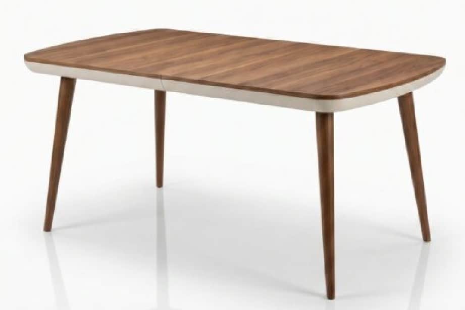 A rectangular dining table featuring a wooden top with rounded corners, supported by four tapered, s… — 3D model