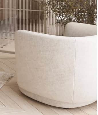 An off-white or cream-colored contemporary swivel accent chair, featuring a rounded barrel-like form… — 3D model