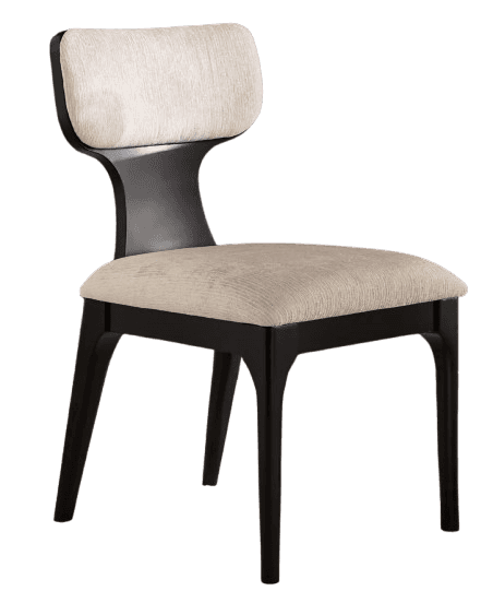A contemporary dining chair featuring a dark-stained solid wood frame and light beige textured fabri… — 3D model