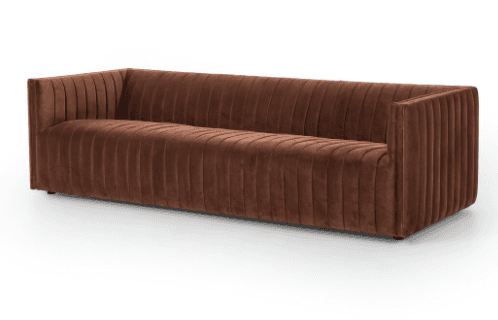 A long, three-seater sofa with a channel-tufted design covering the seat, back, and armrests. The so… — 3D model