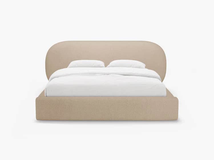 A modern upholstered platform bed featuring a large, rounded headboard and a low-profile frame, enti… — 3D model