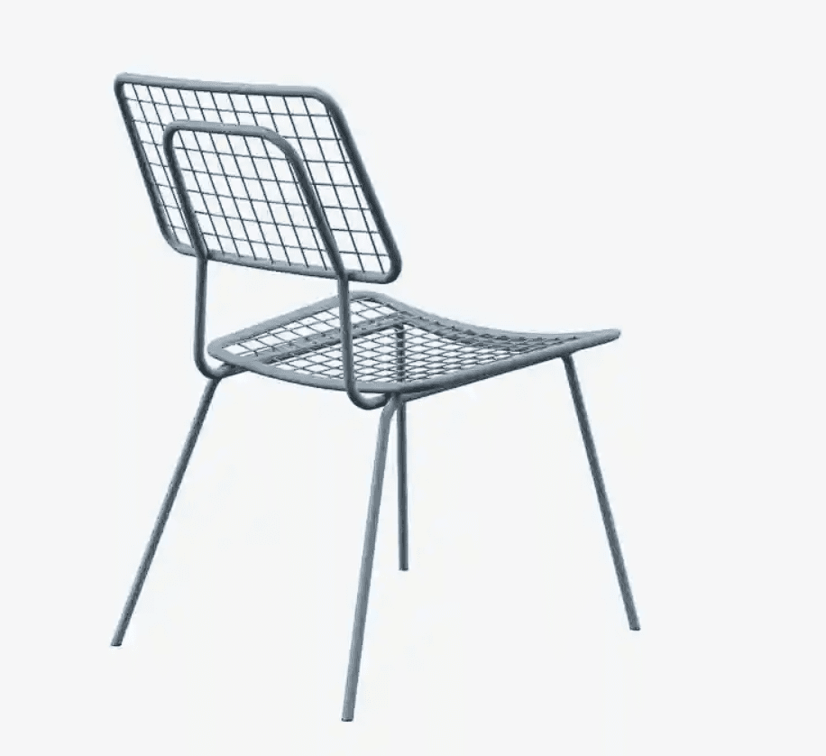 An armless chair constructed from light blue-gray powder-coated metal, featuring a grid or mesh patt… — 3D model
