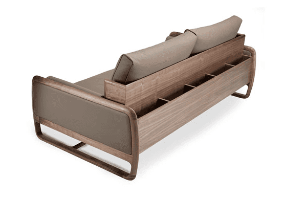 A contemporary loveseat featuring a sleek wooden frame with gently curved edges and an integrated st… — 3D model