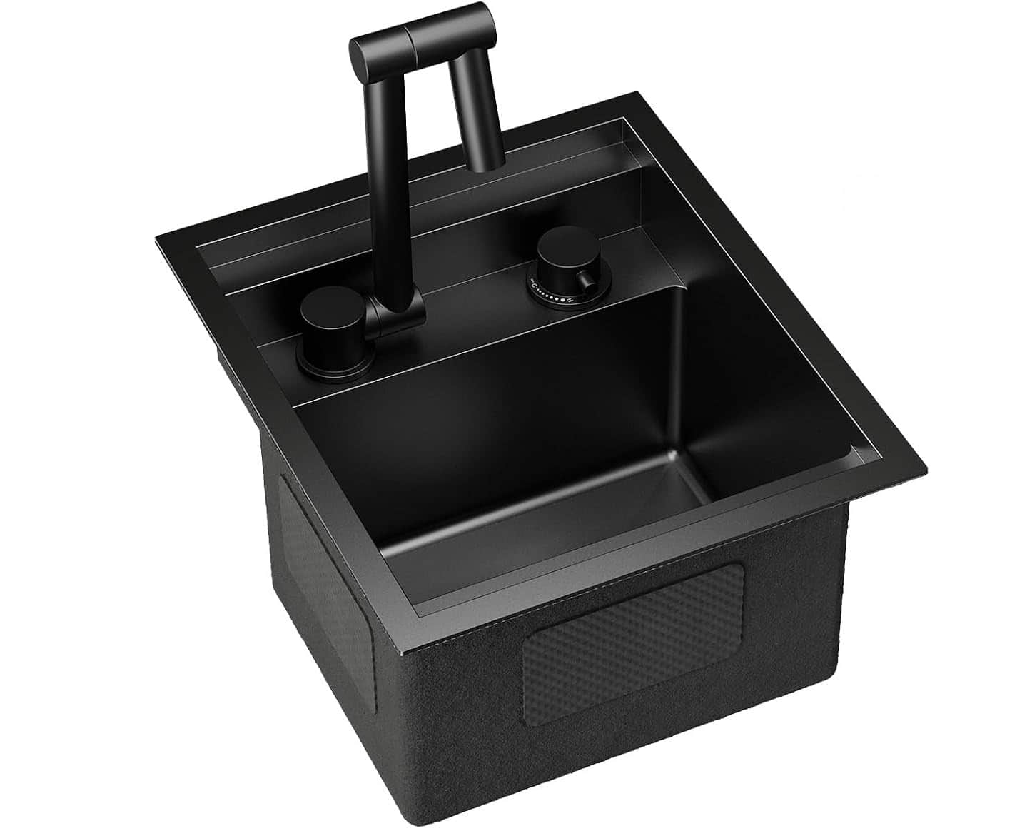 A modern, rectangular drop-in kitchen sink in a matte black finish, featuring a single basin. It inc… — 3D model