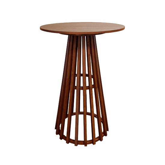 A tall, round wooden bar table featuring a distinctive tapered base constructed from vertical wooden… — 3D model