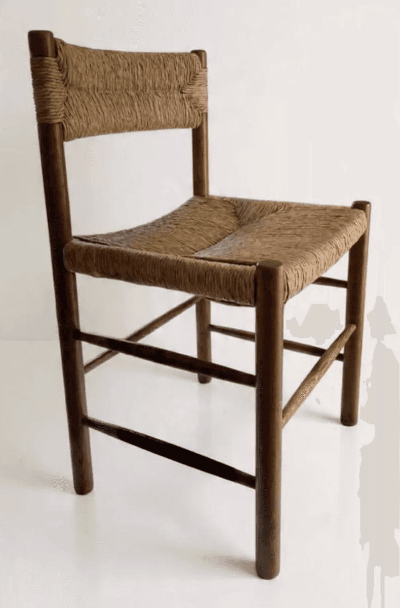 A wooden side chair with a dark-stained frame and woven rush (or similar natural fiber) seat and bac… — free GLTF 3D model