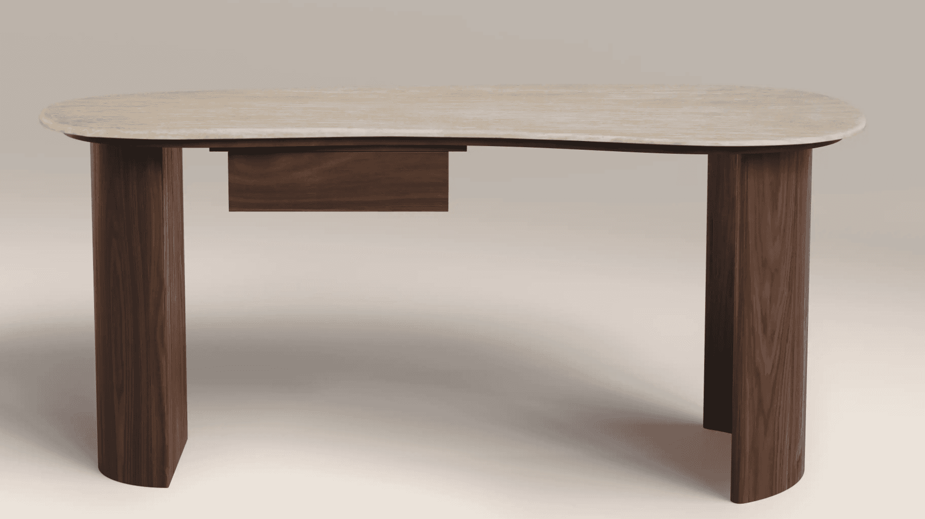 A modern console table featuring an organically shaped light-colored stone top, likely travertine or… — 3D model