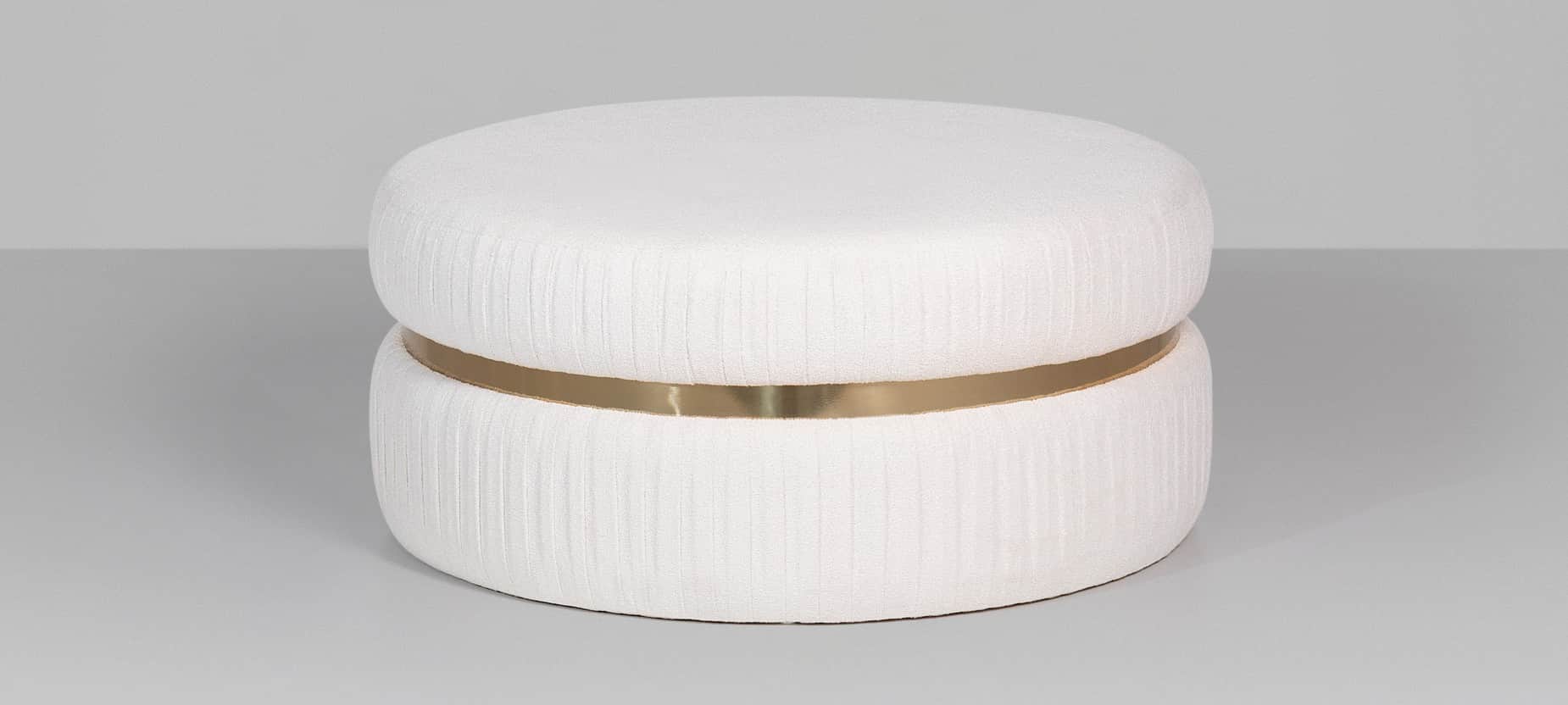 A cylindrical ottoman with a two-tiered design. The upholstery features a textured fabric with verti… — 3D model