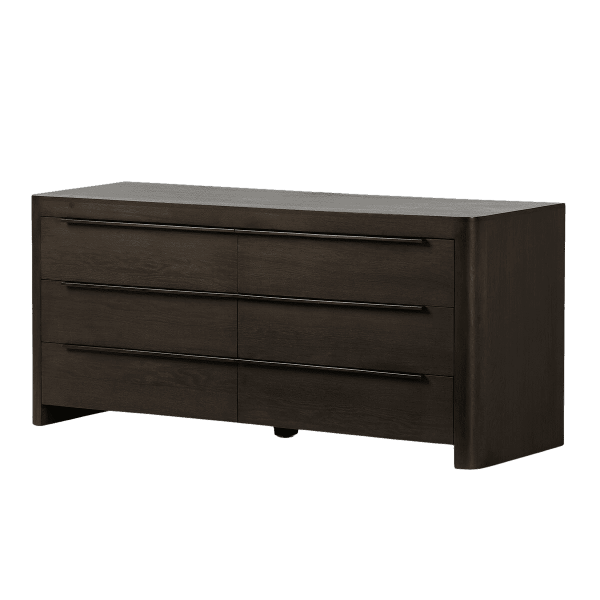 A dark-stained wooden dresser with six drawers arranged in two columns of three. The dresser has a r… — 3D model
