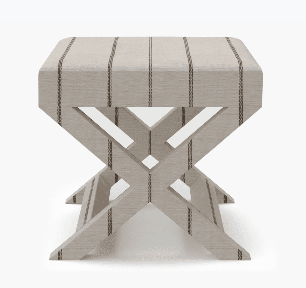 A rectangular upholstered ottoman featuring a distinctive X-shaped base, covered in a light-colored… — 3D model