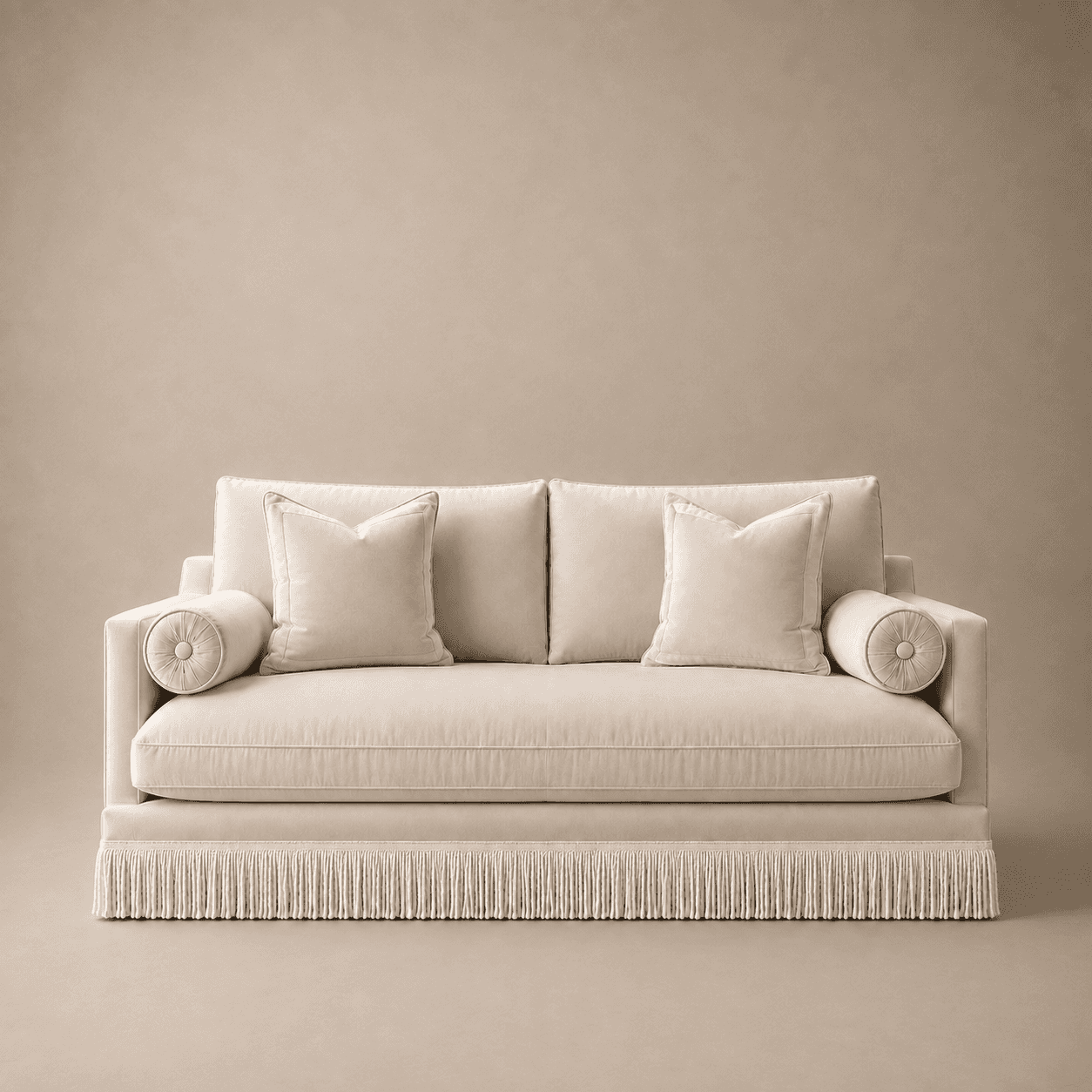 A contemporary upholstered sofa featuring a solid, boxy frame and a distinctive fringed skirt base.… — 3D model