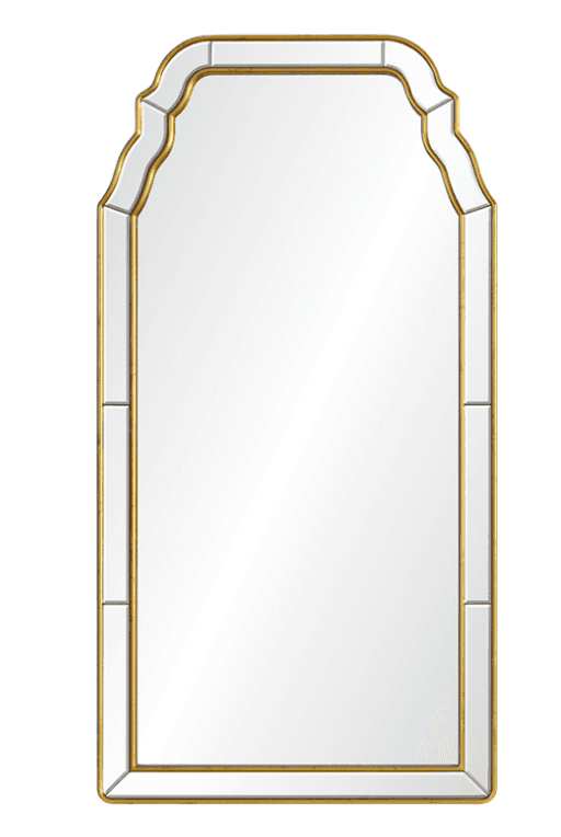 A tall, rectangular wall mirror featuring an ornate, scalloped arch at the top. It has a gold-finish… — 3D model