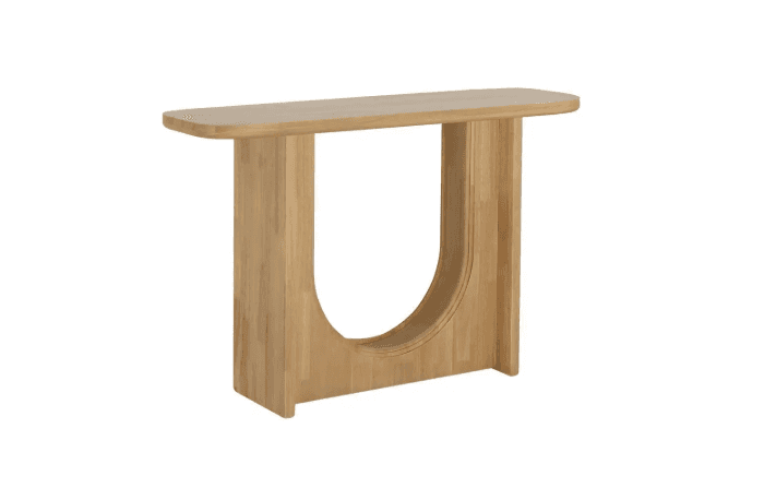 A modern wooden console table featuring a minimalist design with a rectangular top and a sculptural… — 3D model