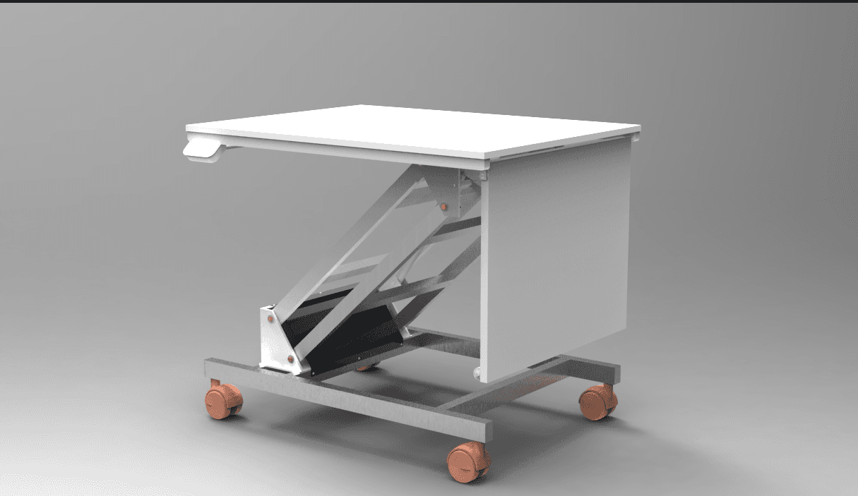 A 3D rendering of a modern, mobile, height-adjustable table. It features a rectangular white tableto… — 3D model