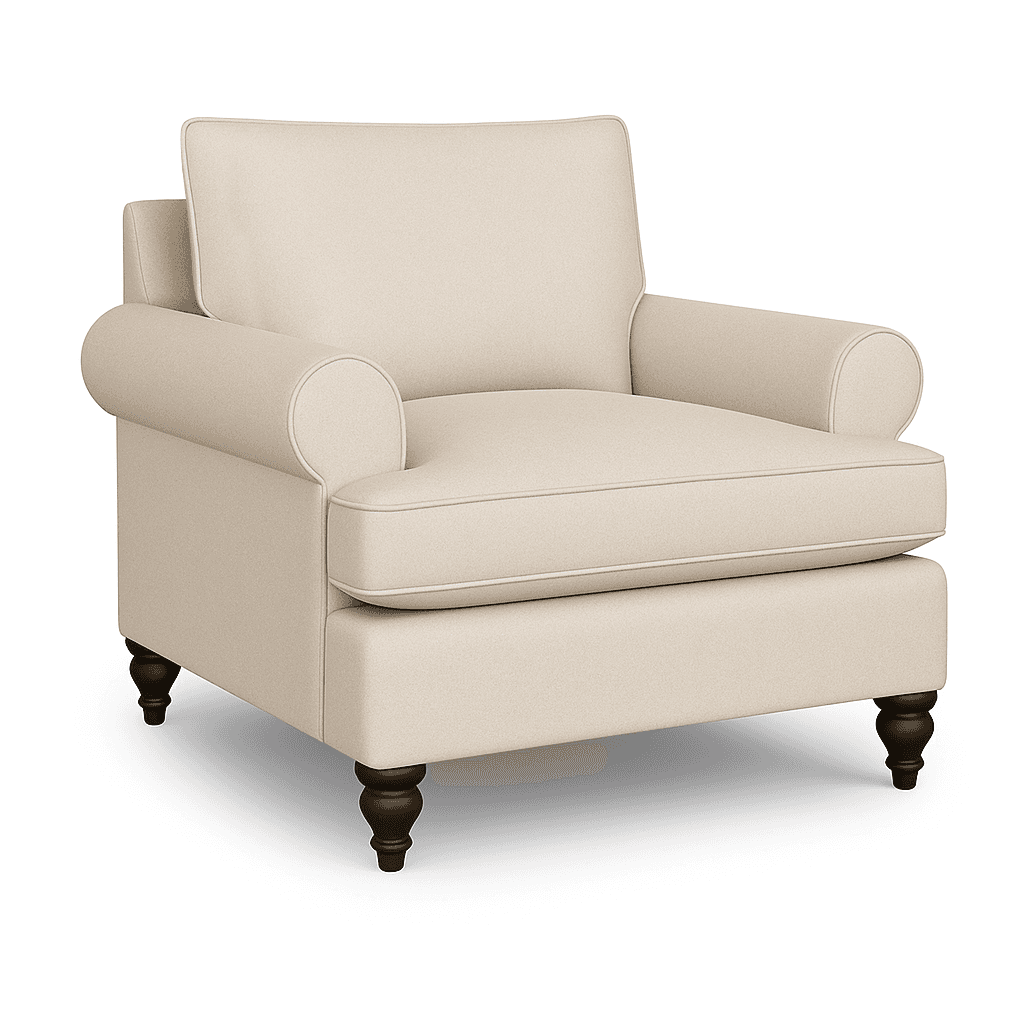A well-upholstered armchair with rolled arms and a plush back cushion. The chair features a slightly… — free OBJ 3D model